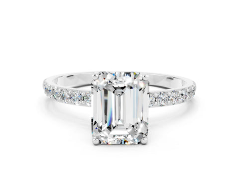 White gold Emerald Cut Moissanite Solitaire Engagement Ring with Pavé Band and Prong Setting