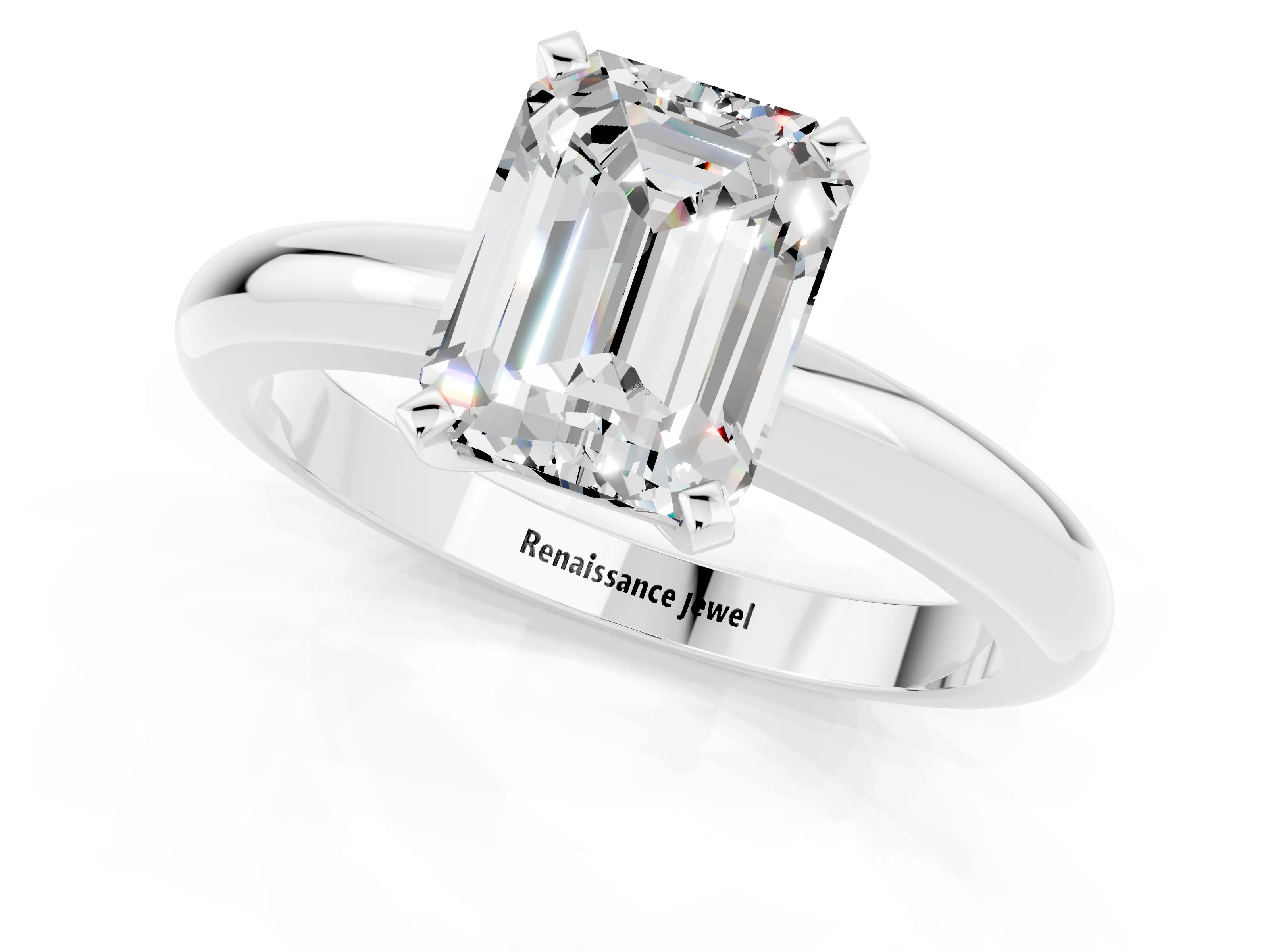 White gold Emerald Cut Moissanite Solitaire Engagement Ring with Round Band and Four-Prong Setting_1