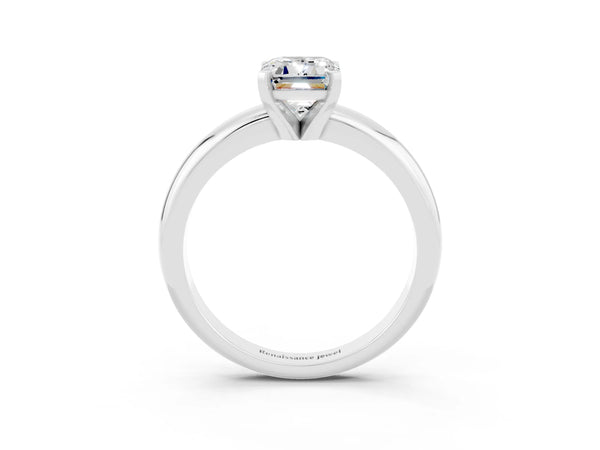 White gold Emerald Cut Moissanite Solitaire Engagement Ring with Round Band and Four-Prong Setting