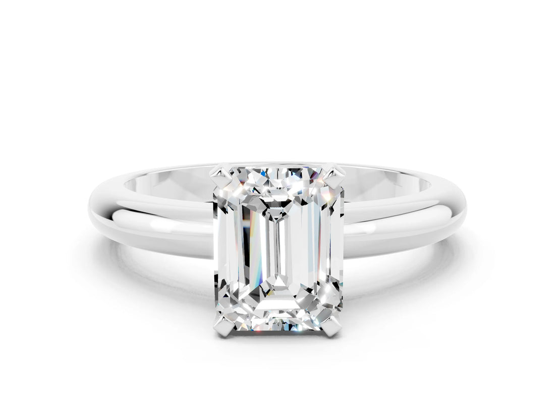 White gold Emerald Cut Moissanite Solitaire Engagement Ring with Round Band and Four-Prong Setting