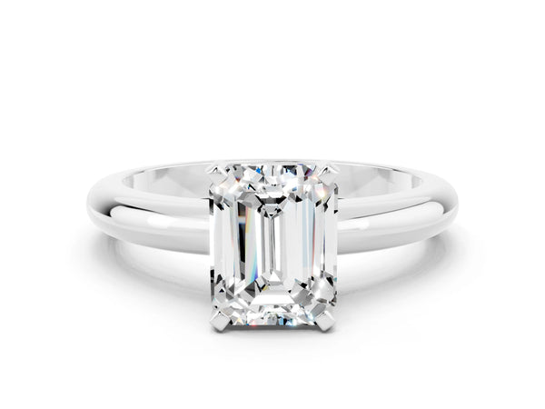 Silver Emerald Cut Moissanite Solitaire Engagement Ring with Round Band and Four-Prong Setting