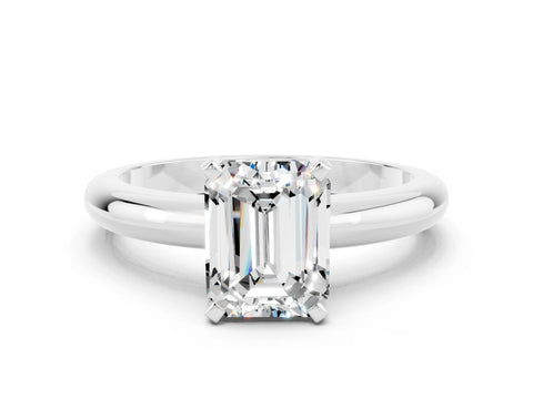 White gold Emerald Cut Moissanite Solitaire Engagement Ring with Round Band and Four-Prong Setting