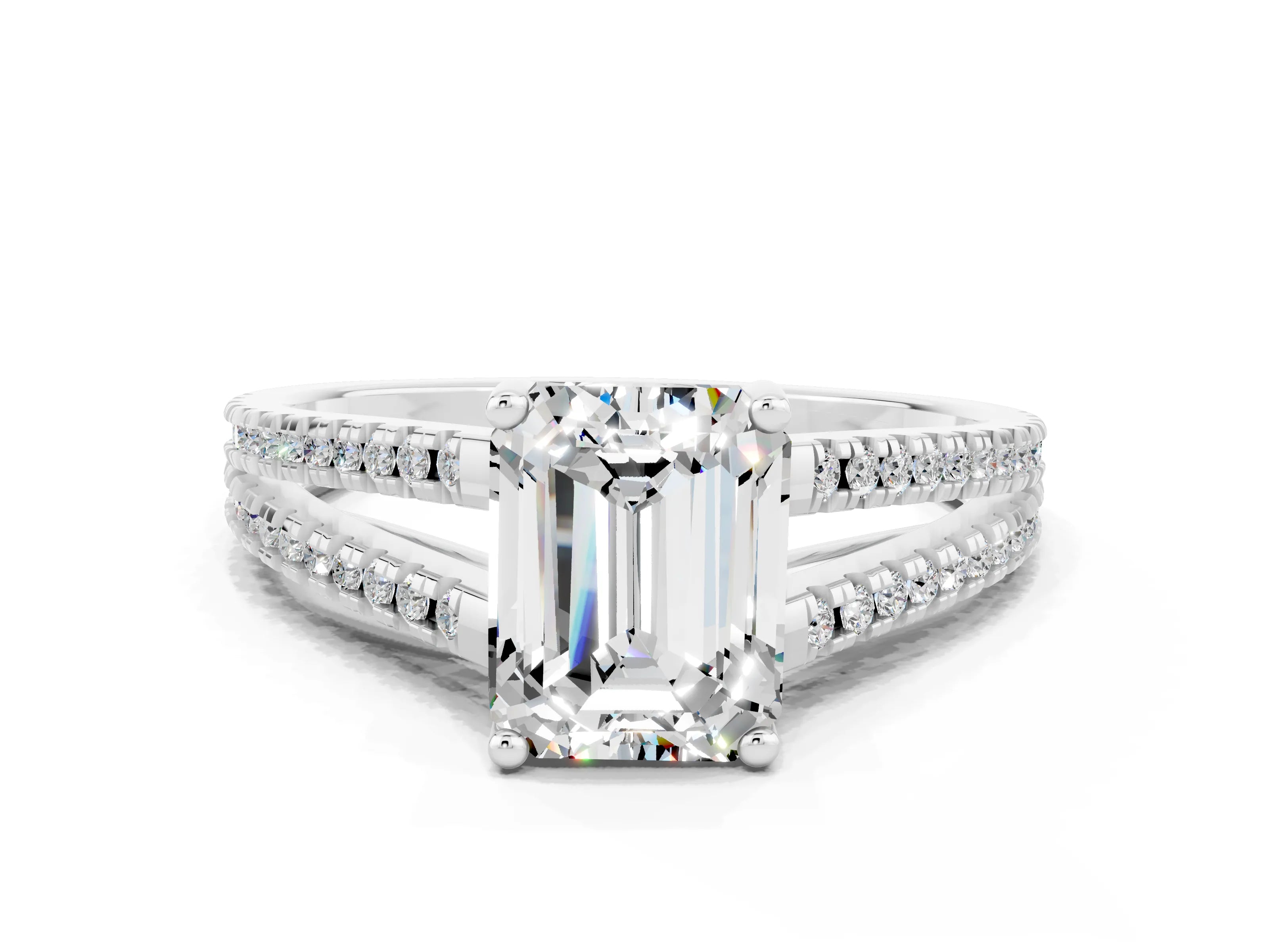 White gold Emerald Cut Moissanite Solitaire Engagement Ring with Split Shank Pavé Band