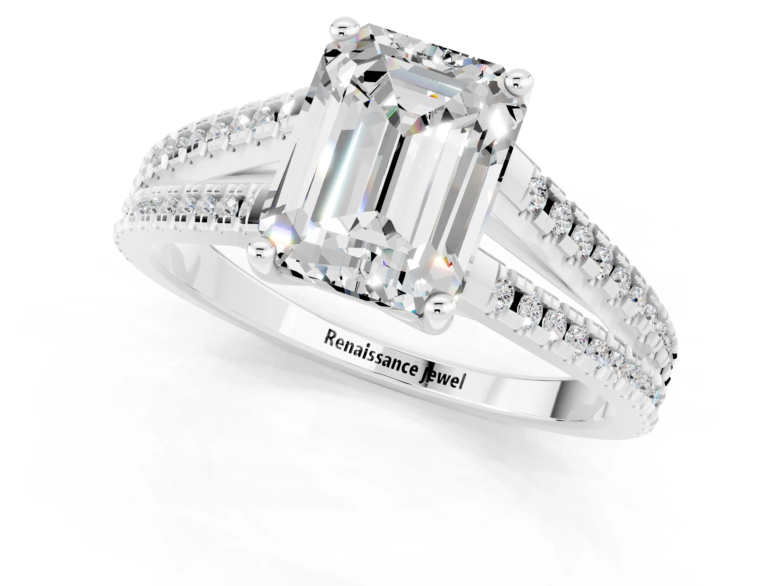 White gold Emerald Cut Moissanite Solitaire Engagement Ring with Split Shank Pavé Band_1