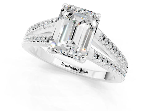 White gold Emerald Cut Moissanite Solitaire Engagement Ring with Split Shank Pavé Band_1