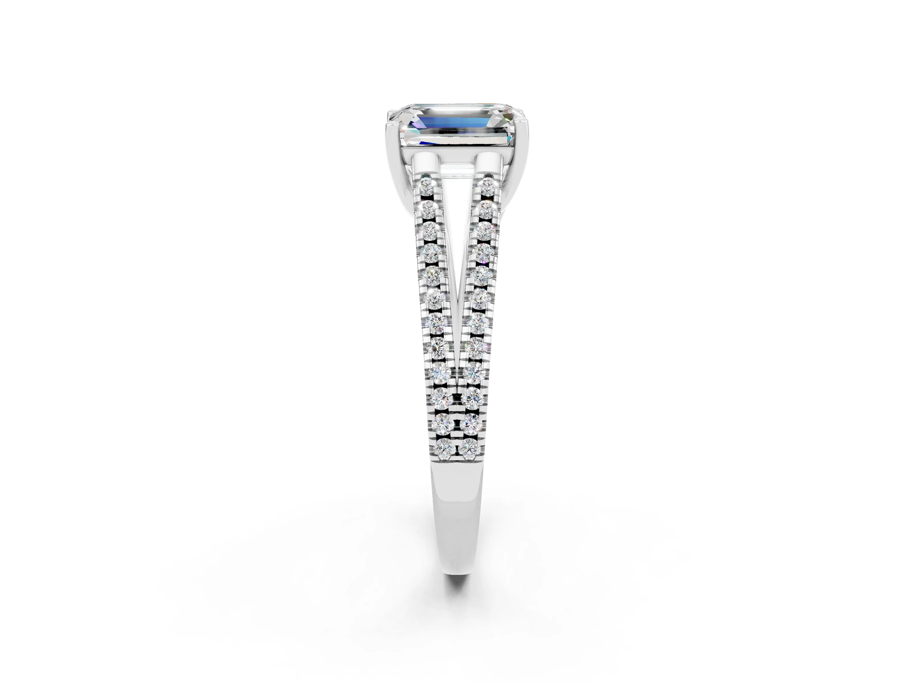 White gold Emerald Cut Moissanite Solitaire Engagement Ring with Split Shank Pavé Band_2