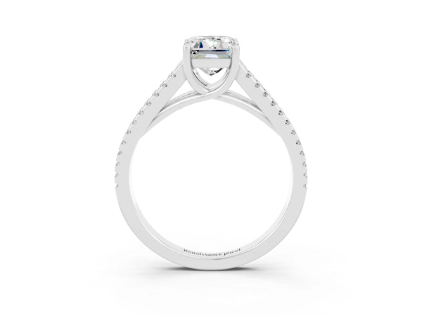 Platinum Emerald Cut Moissanite Solitaire Engagement Ring with Split Shank Pavé Band