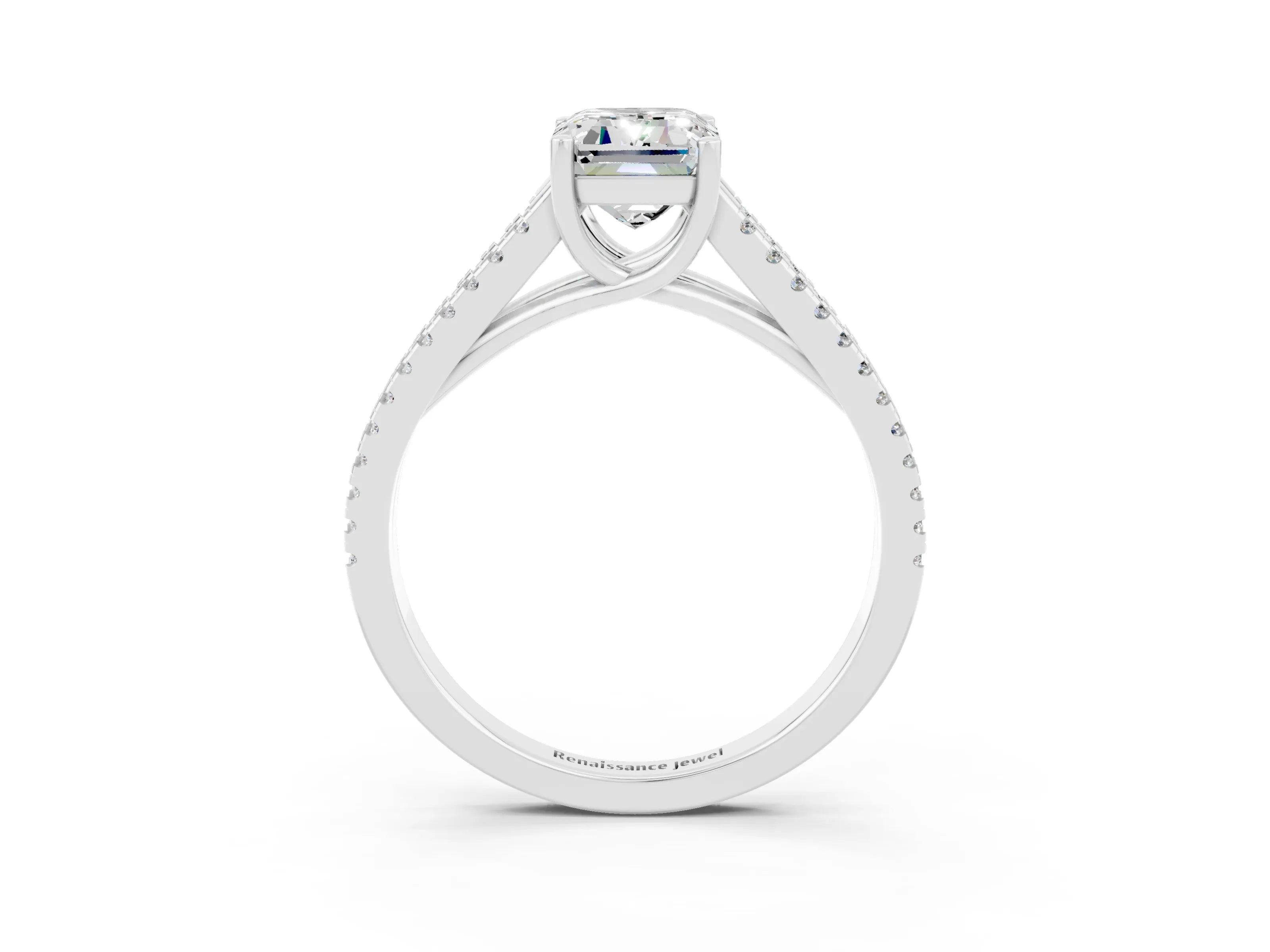 White gold Emerald Cut Moissanite Solitaire Engagement Ring with Split Shank Pavé Band_3