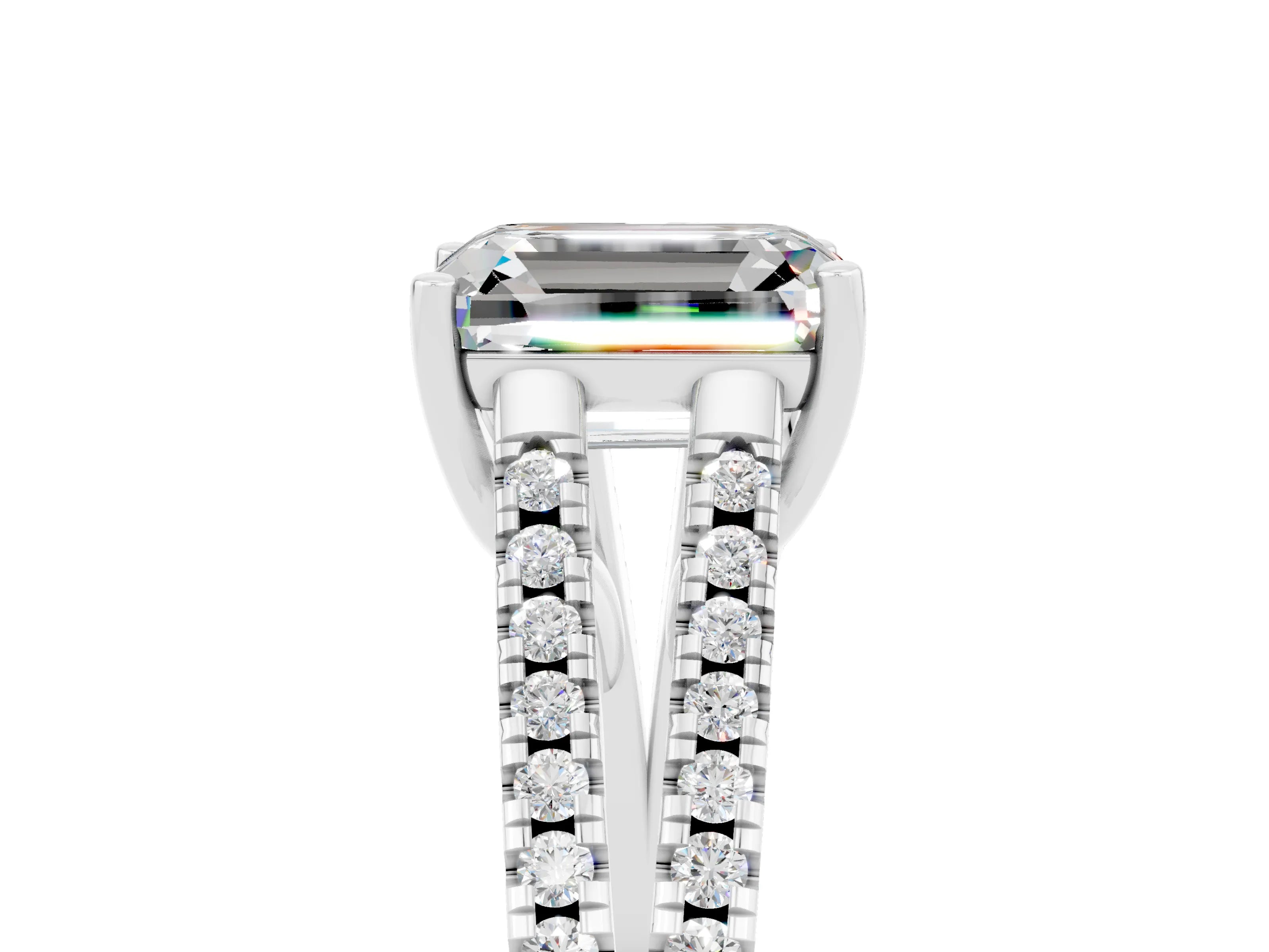 White gold Emerald Cut Moissanite Solitaire Engagement Ring with Split Shank Pavé Band_5