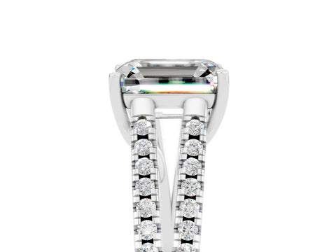 White gold Emerald Cut Moissanite Solitaire Engagement Ring with Split Shank Pavé Band_5