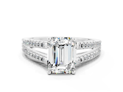 White gold Emerald Cut Moissanite Solitaire Engagement Ring with Split Shank Pavé Band