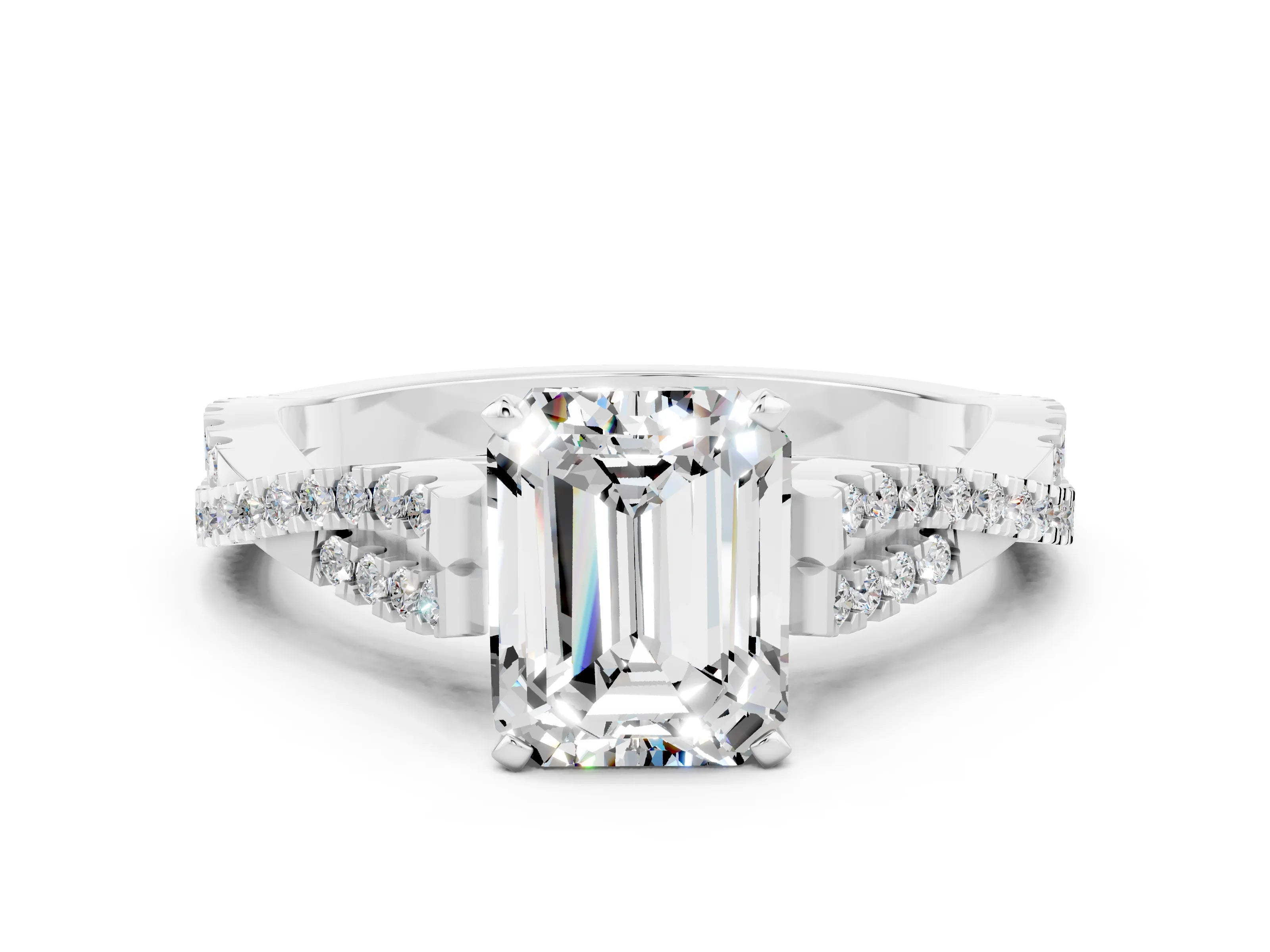 White gold Emerald Cut Moissanite Solitaire Engagement Ring with Twisted Pavé Band and Four-Prong Setting