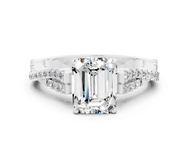Platinum Emerald Cut Moissanite Solitaire Engagement Ring with Twisted Pavé Band and Four-Prong Setting