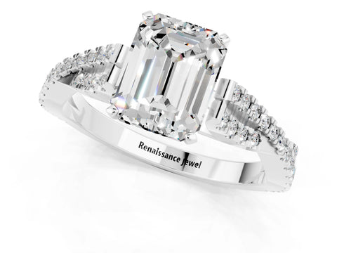 White gold Emerald Cut Moissanite Solitaire Engagement Ring with Twisted Pavé Band and Four-Prong Setting_1