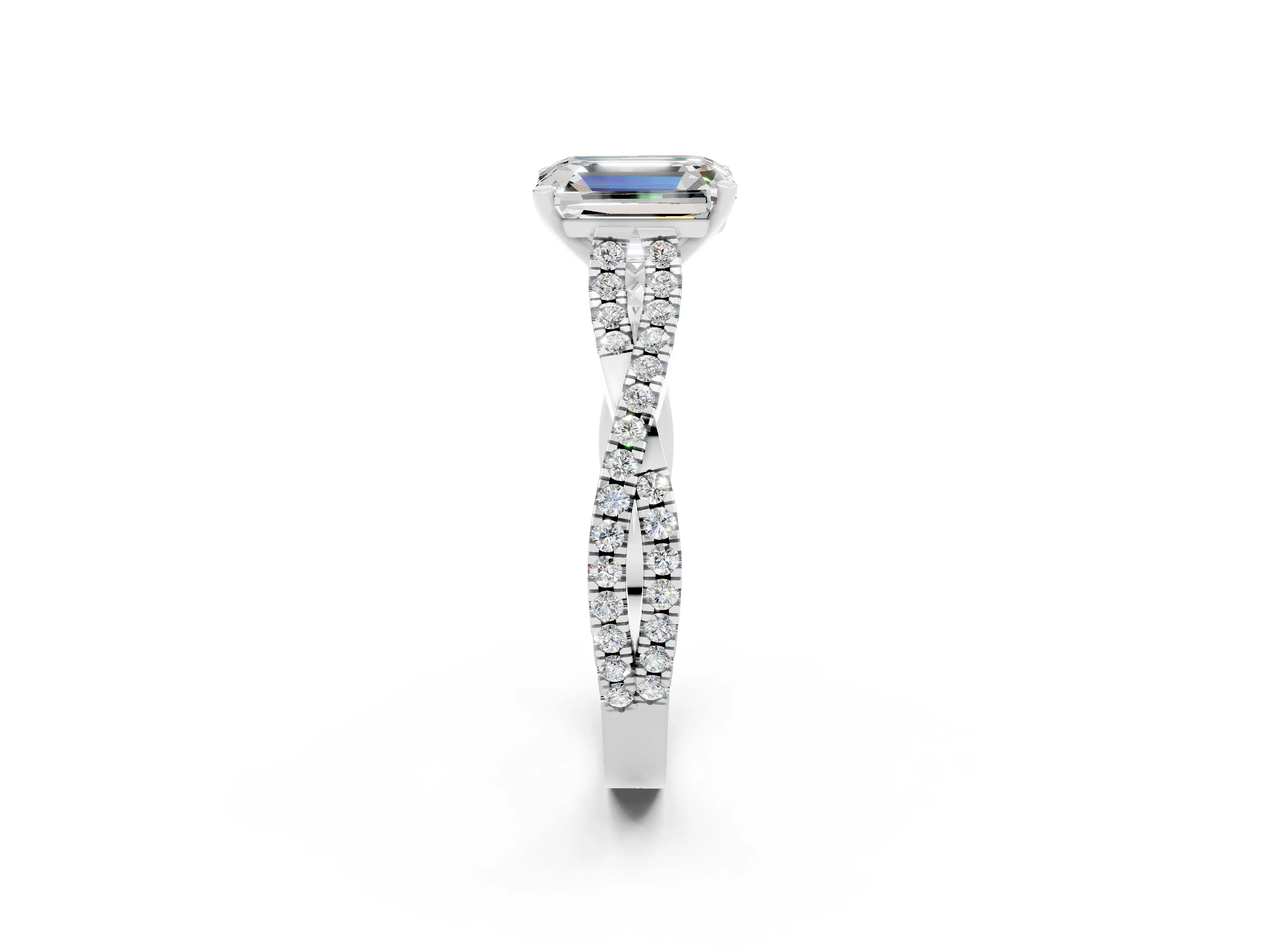 White gold Emerald Cut Moissanite Solitaire Engagement Ring with Twisted Pavé Band and Four-Prong Setting_2