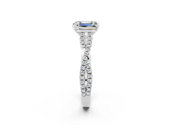 Silver Emerald Cut Moissanite Solitaire Engagement Ring with Twisted Pavé Band and Four-Prong Setting
