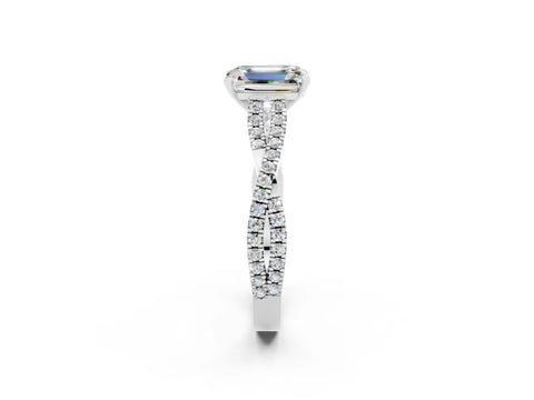 White gold Emerald Cut Moissanite Solitaire Engagement Ring with Twisted Pavé Band and Four-Prong Setting_2