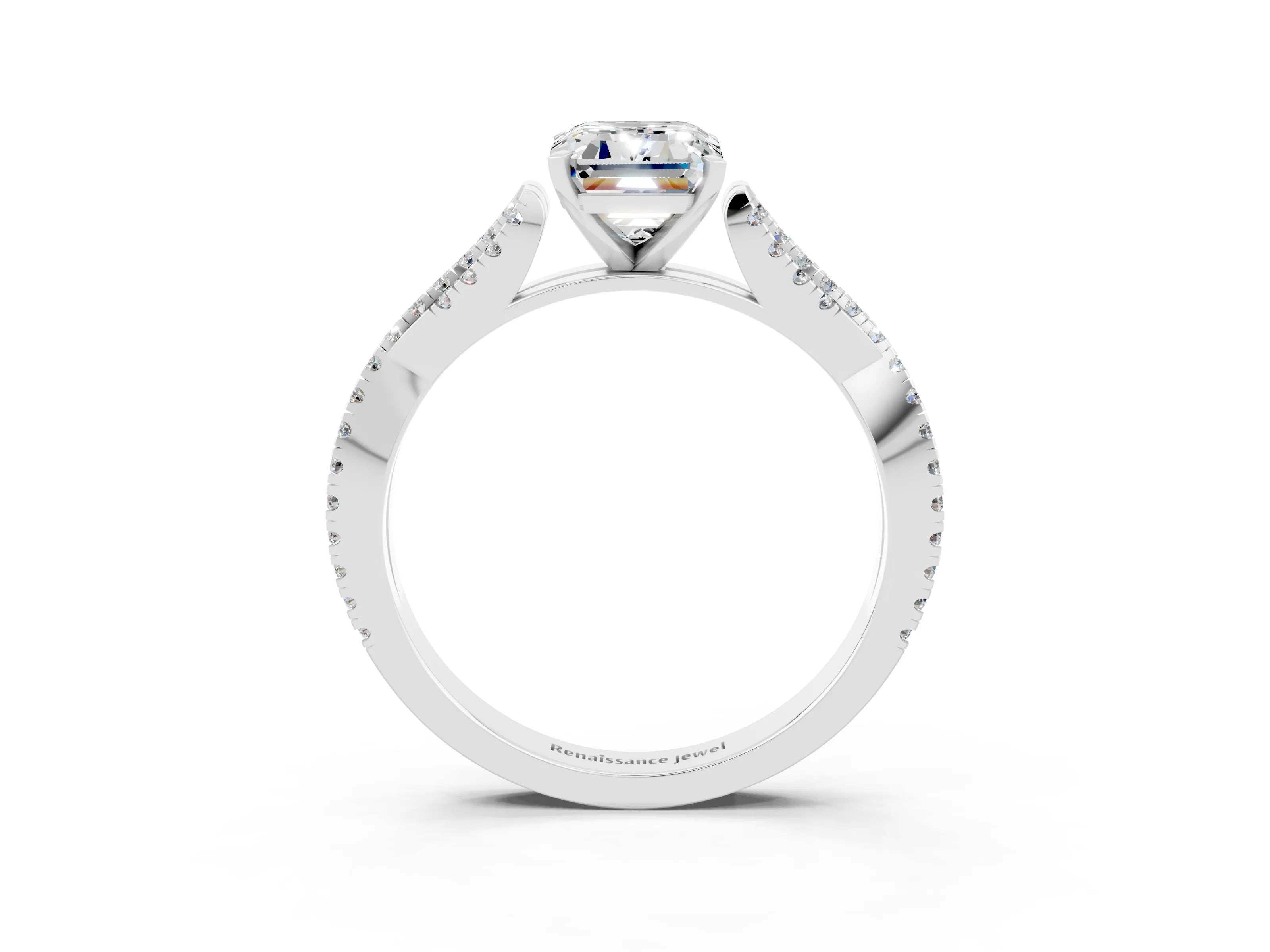 White gold Emerald Cut Moissanite Solitaire Engagement Ring with Twisted Pavé Band and Four-Prong Setting_3