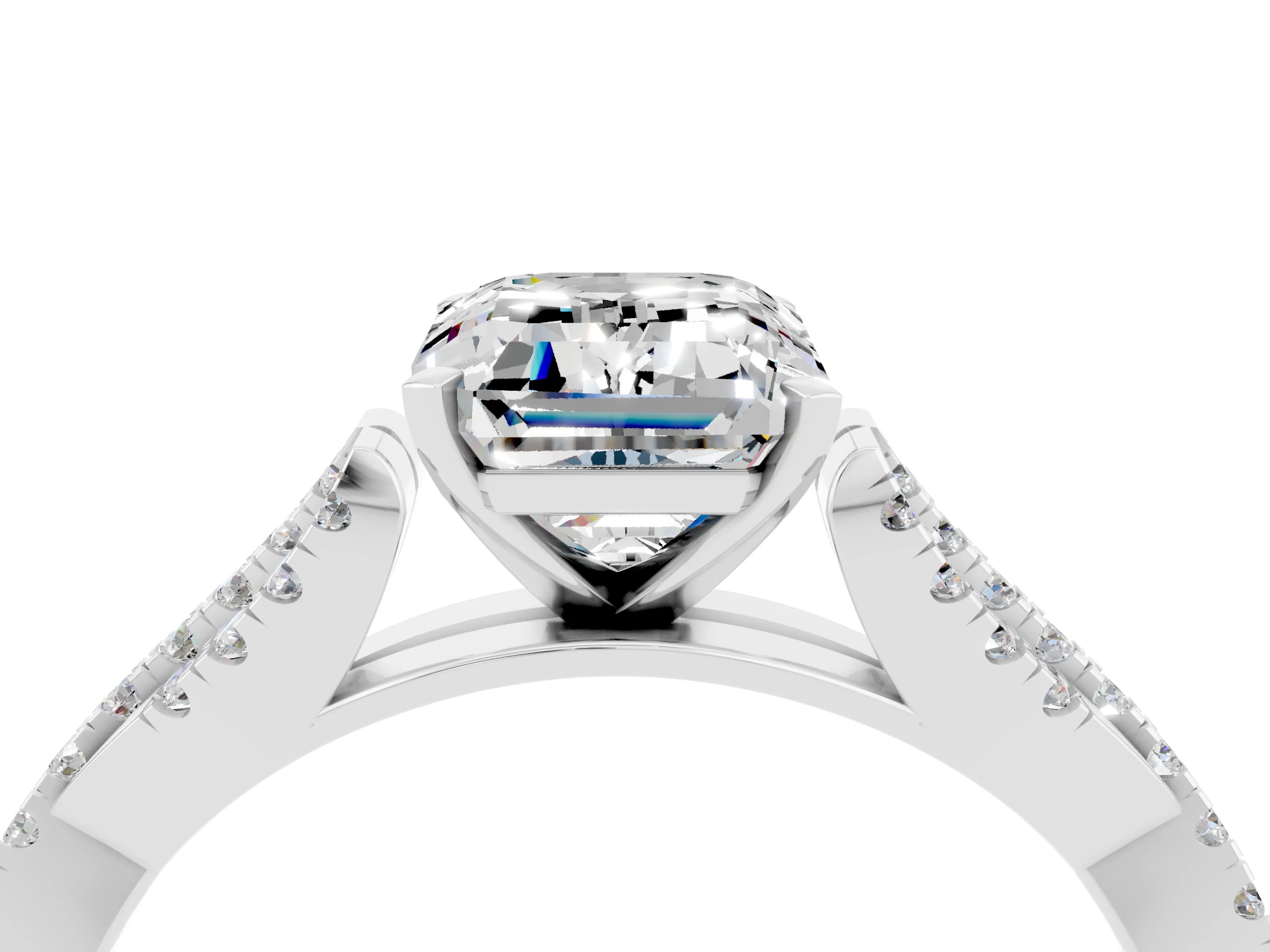 White gold Emerald Cut Moissanite Solitaire Engagement Ring with Twisted Pavé Band and Four-Prong Setting_4