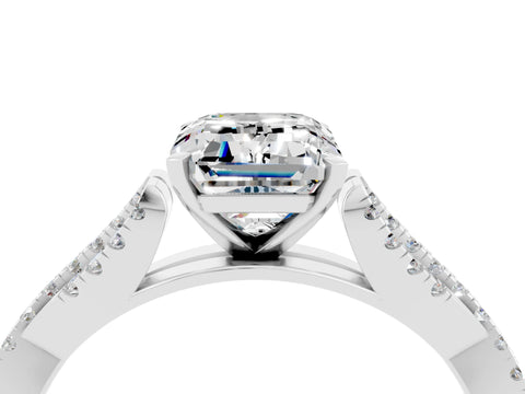 White gold Emerald Cut Moissanite Solitaire Engagement Ring with Twisted Pavé Band and Four-Prong Setting_4