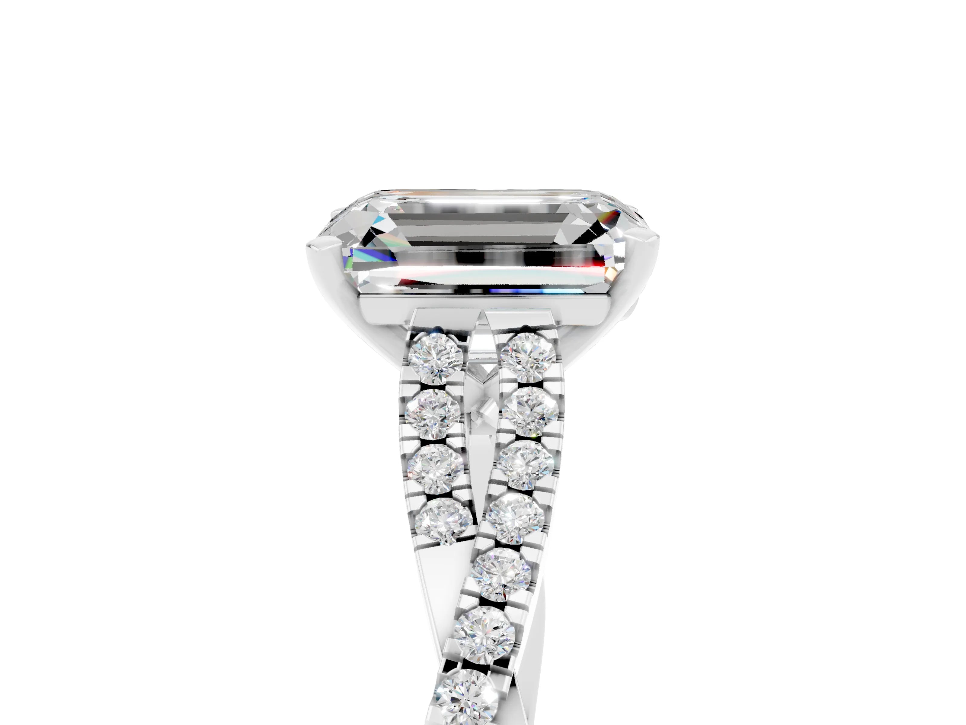 White gold Emerald Cut Moissanite Solitaire Engagement Ring with Twisted Pavé Band and Four-Prong Setting_5