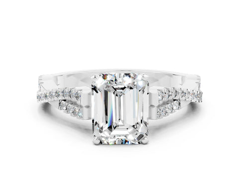 White gold Emerald Cut Moissanite Solitaire Engagement Ring with Twisted Pavé Band and Four-Prong Setting
