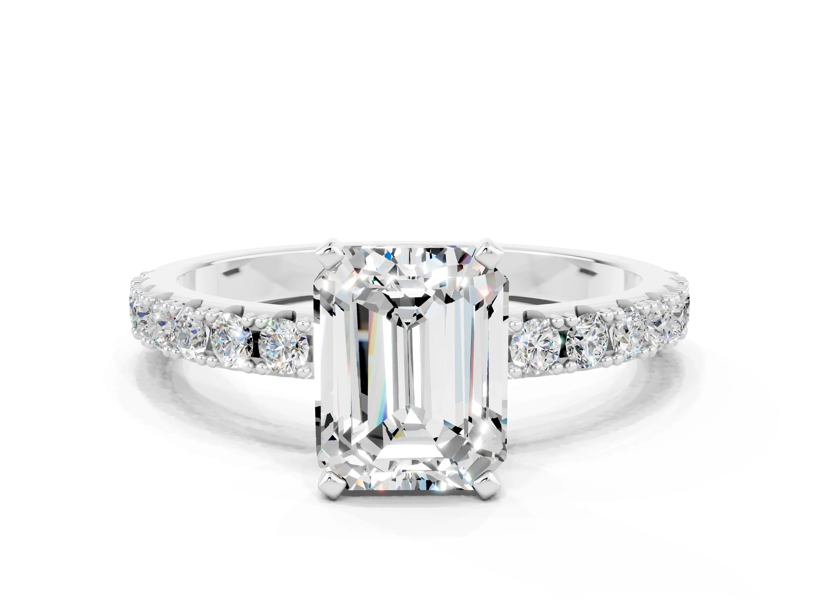 White gold Emerald Cut Moissanite Solitaire Pavé Band with Four-Prong Setting