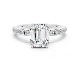 White gold Emerald Cut Moissanite Solitaire Pavé Band with Four-Prong Setting