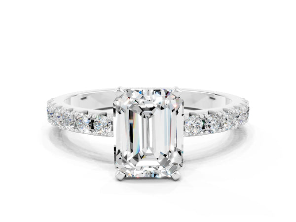 Platinum Emerald Cut Moissanite Solitaire Pavé Band with Four-Prong Setting