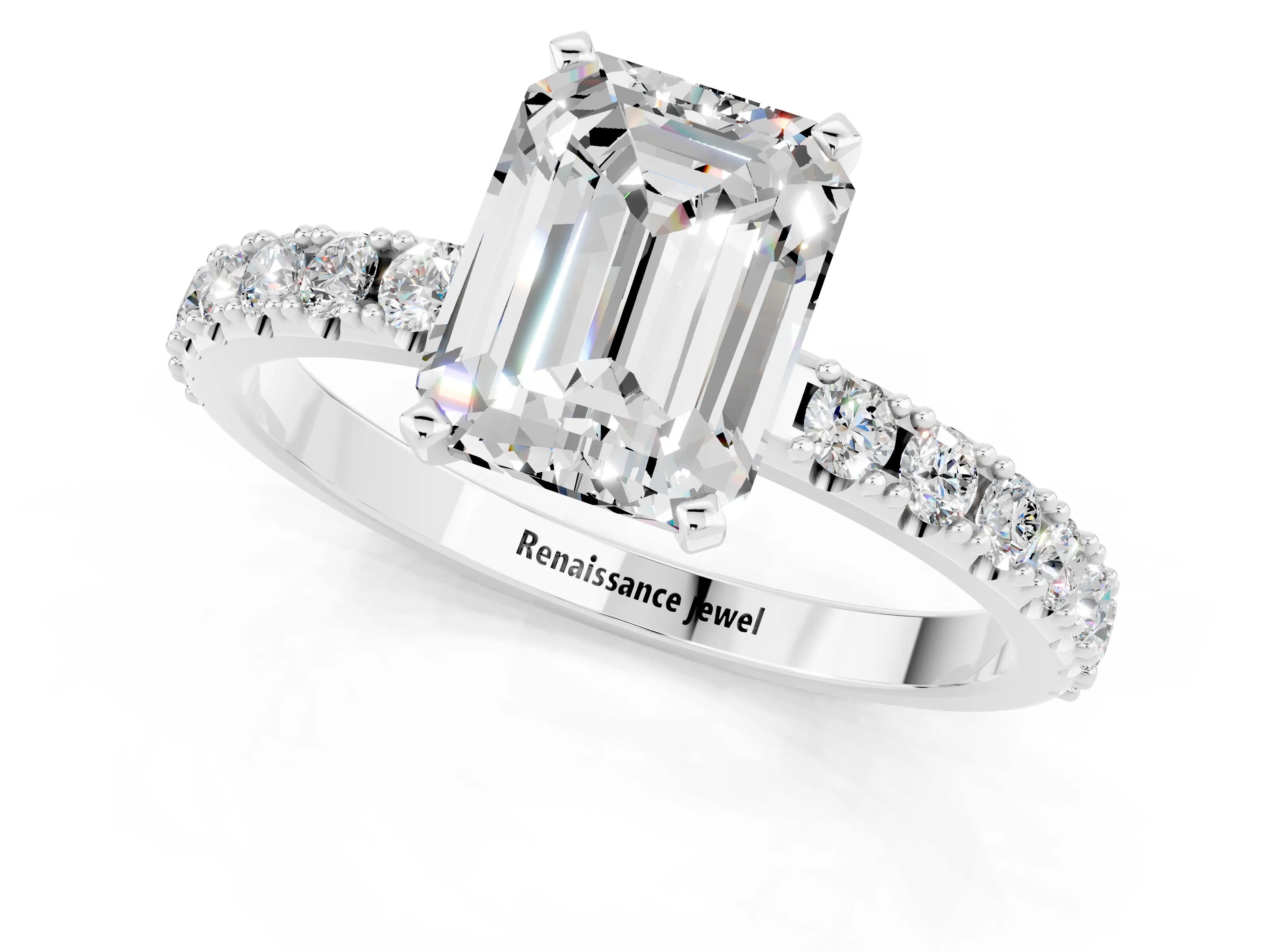 White gold Emerald Cut Moissanite Solitaire Pavé Band with Four-Prong Setting_1