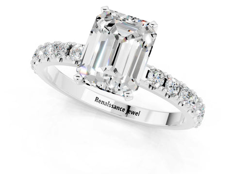 White gold Emerald Cut Moissanite Solitaire Pavé Band with Four-Prong Setting_1