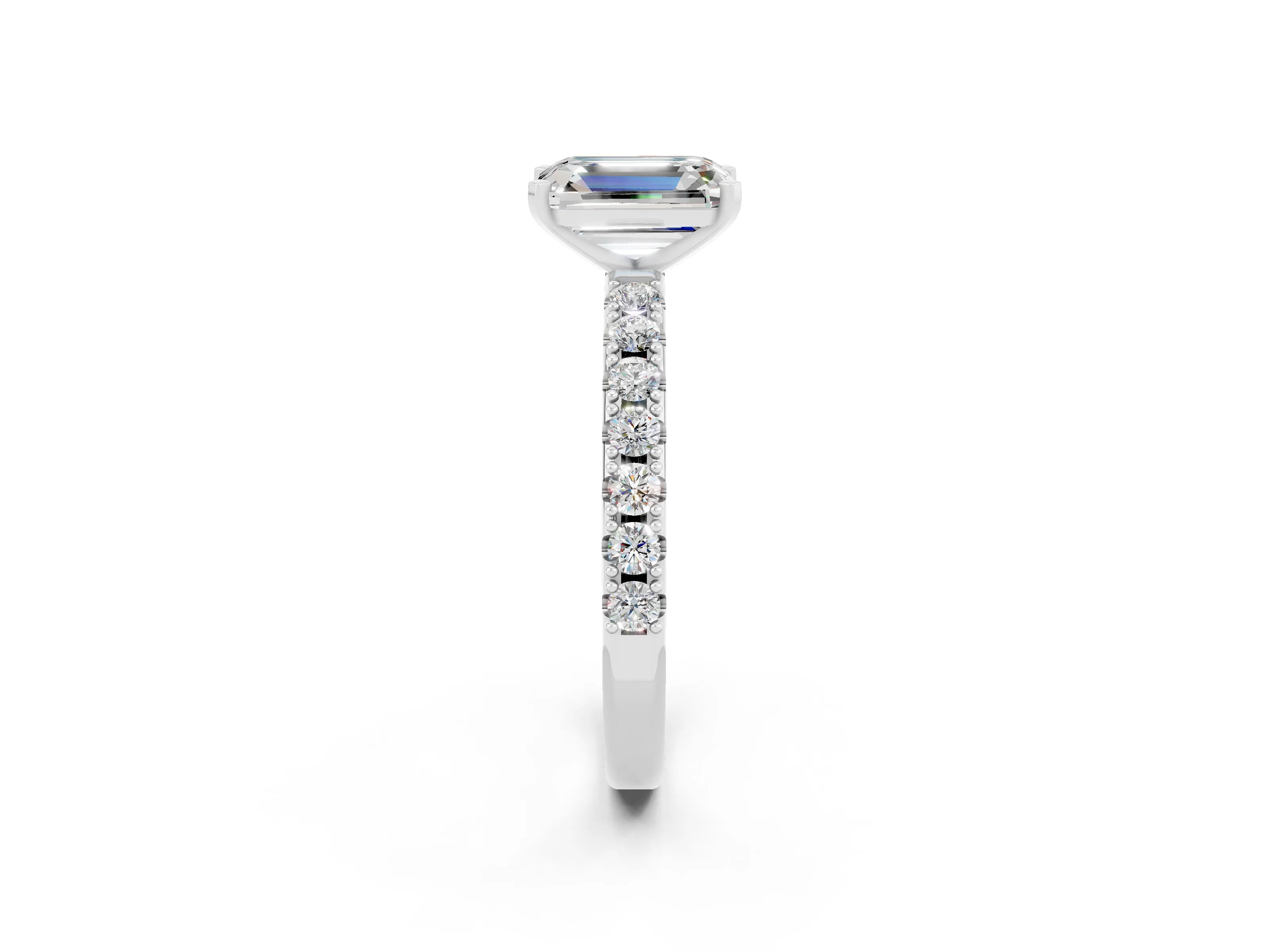 White gold Emerald Cut Moissanite Solitaire Pavé Band with Four-Prong Setting_2