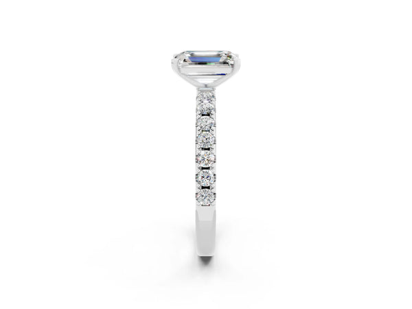 White gold Emerald Cut Moissanite Solitaire Pavé Band with Four-Prong Setting