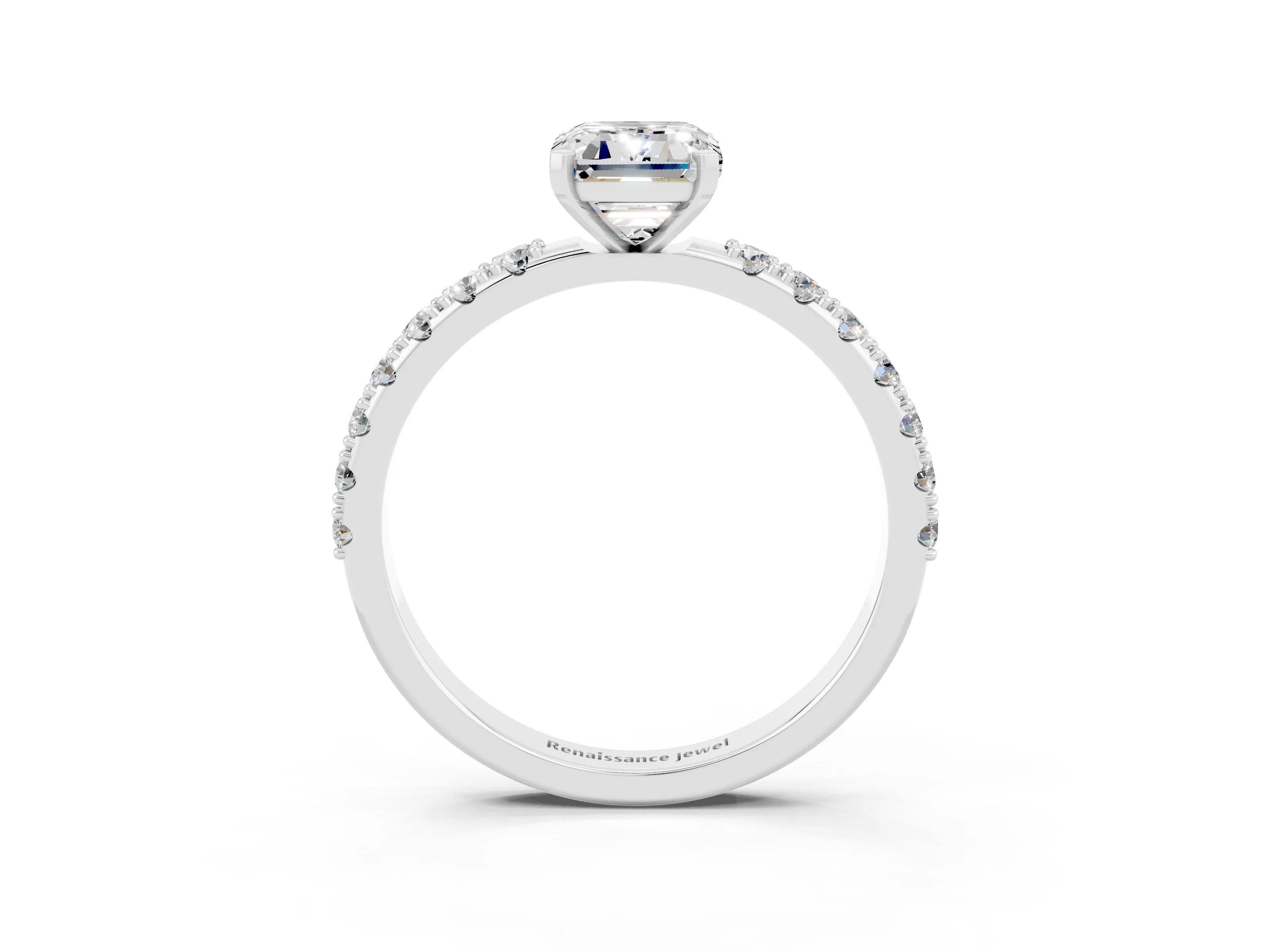White gold Emerald Cut Moissanite Solitaire Pavé Band with Four-Prong Setting_3