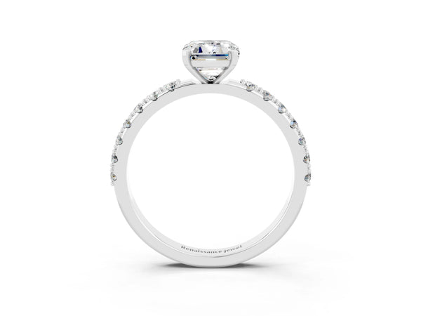 Silver Emerald Cut Moissanite Solitaire Pavé Band with Four-Prong Setting