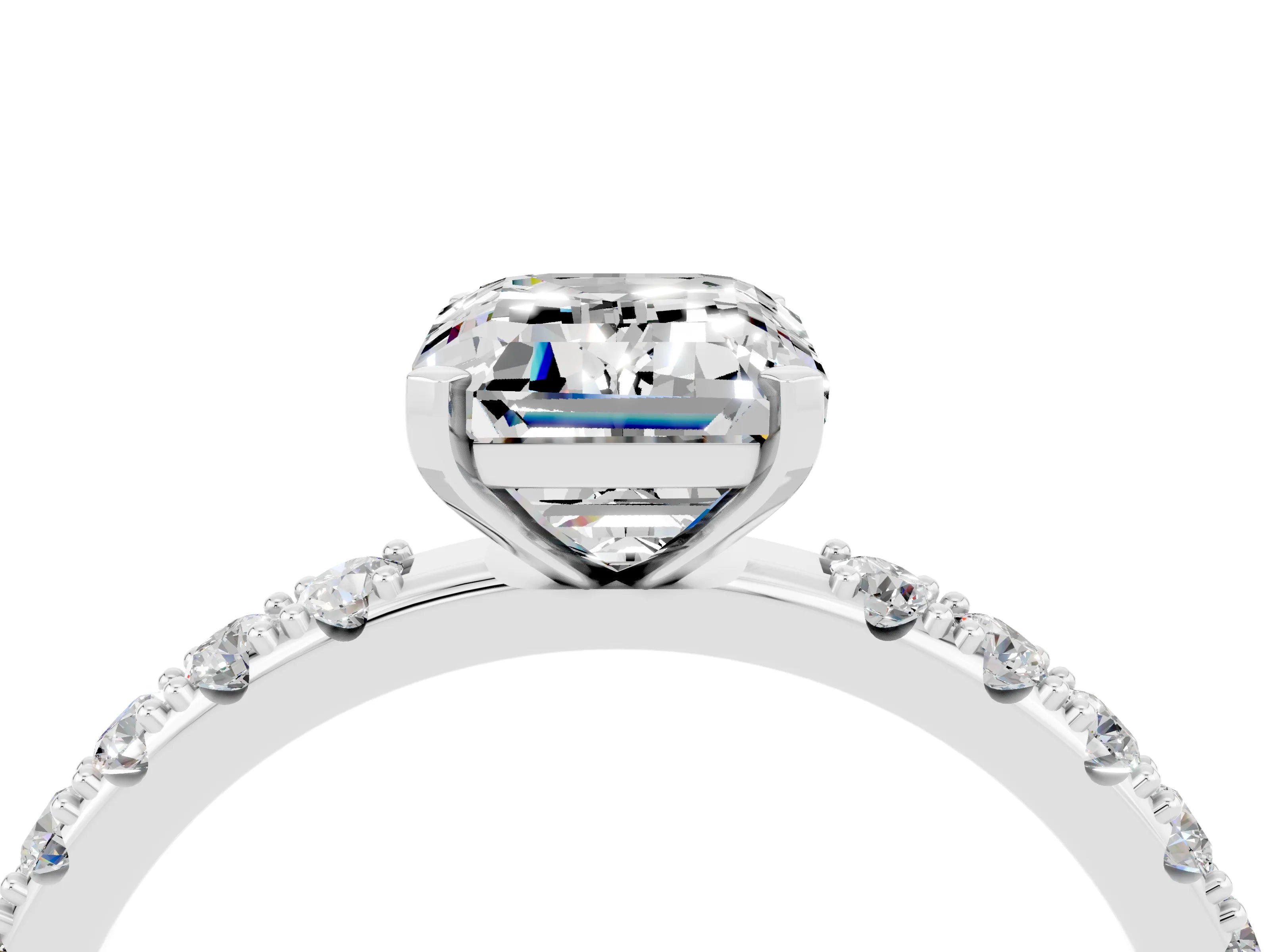 White gold Emerald Cut Moissanite Solitaire Pavé Band with Four-Prong Setting_4