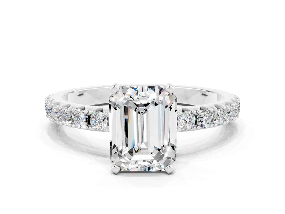 White gold Emerald Cut Moissanite Solitaire Pavé Band with Four-Prong Setting