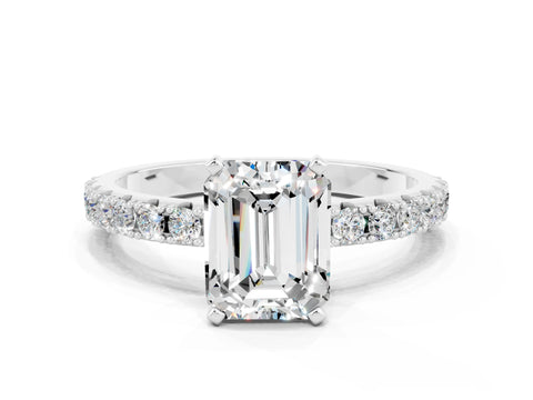 White gold Emerald Cut Moissanite Solitaire Pavé Band with Four-Prong Setting
