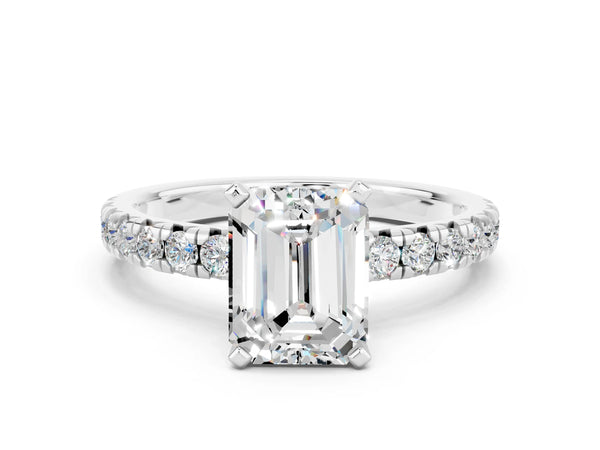 Platinum Emerald Cut Moissanite Solitaire Pavé Engagement Ring with Round Band and Prong Setting