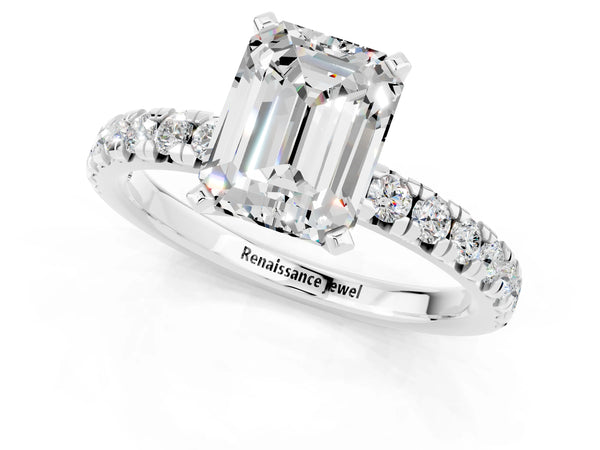White gold Emerald Cut Moissanite Solitaire Pavé Engagement Ring with Round Band and Prong Setting