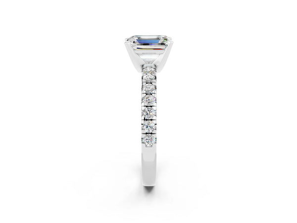 White gold Emerald Cut Moissanite Solitaire Pavé Engagement Ring with Round Band and Prong Setting