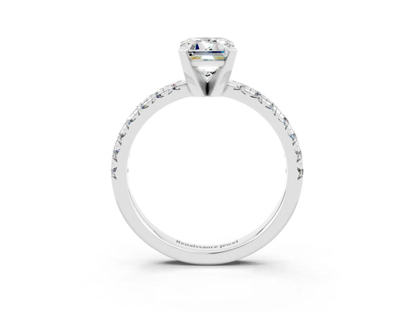 Platinum Emerald Cut Moissanite Solitaire Pavé Engagement Ring with Round Band and Prong Setting