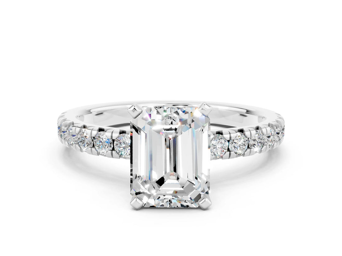 White gold Emerald Cut Moissanite Solitaire Pavé Engagement Ring with Round Band and Prong Setting_66
