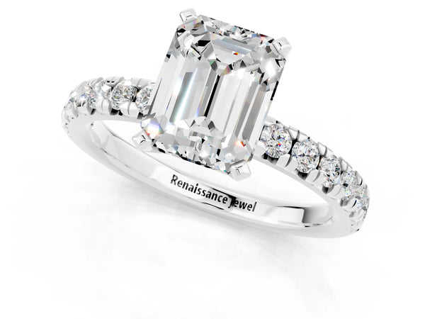 Platinum Emerald Cut Moissanite Solitaire Pavé Engagement Ring with Round Band and Prong Setting
