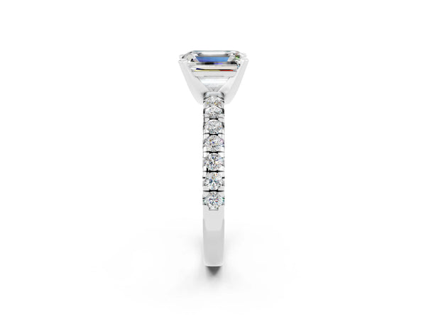 Platinum Emerald Cut Moissanite Solitaire Pavé Engagement Ring with Round Band and Prong Setting