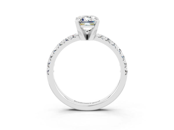 White gold Emerald Cut Moissanite Solitaire Pavé Engagement Ring with Round Band and Prong Setting