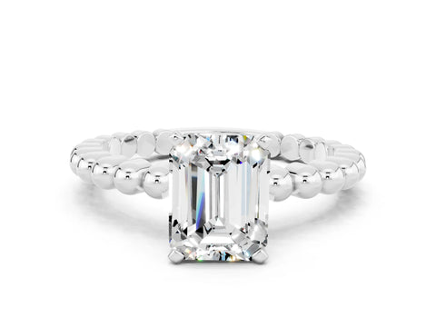 White gold Emerald Cut Moissanite Solitaire Ring with Beaded Band and Prong Setting_36