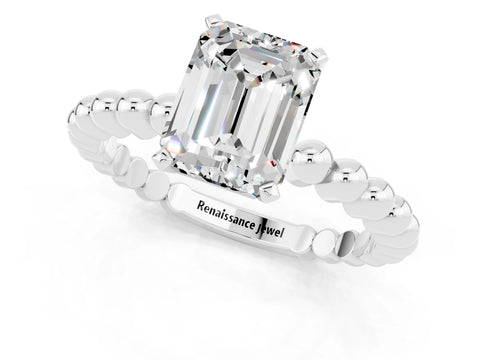 White gold Emerald Cut Moissanite Solitaire Ring with Beaded Band and Prong Setting_37