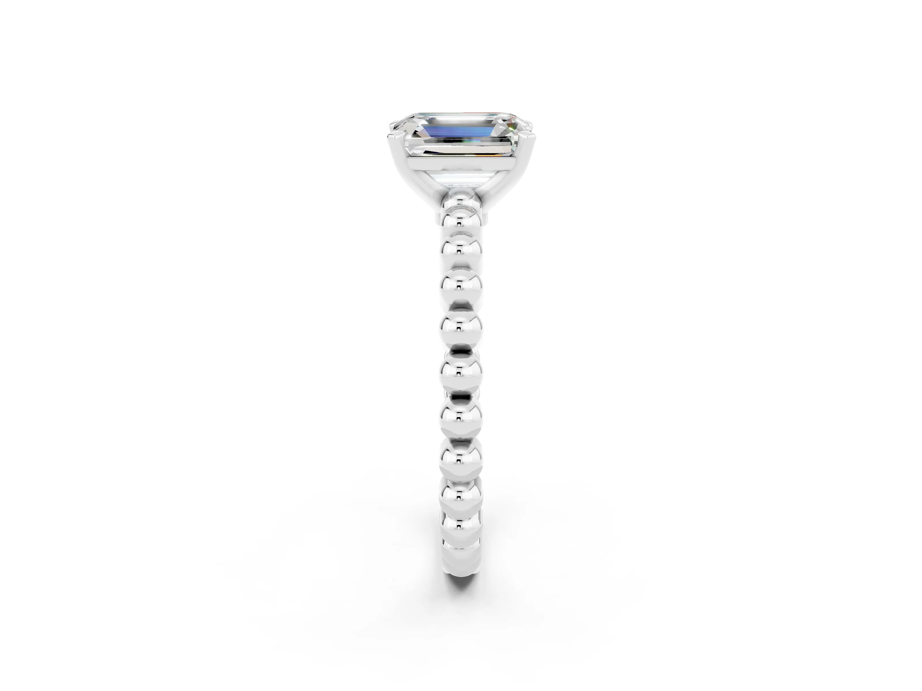 White gold Emerald Cut Moissanite Solitaire Ring with Beaded Band and Prong Setting_38