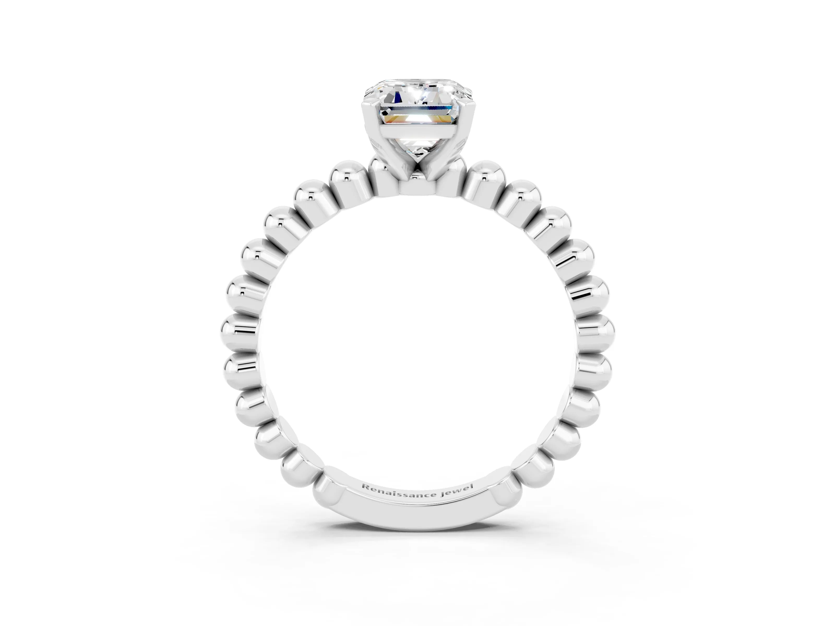White gold Emerald Cut Moissanite Solitaire Ring with Beaded Band and Prong Setting_39